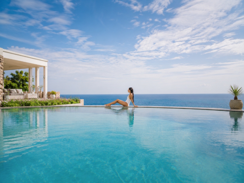 Piscina de luxo com borda infinita e vista para o oceano — Primeiro Mundo