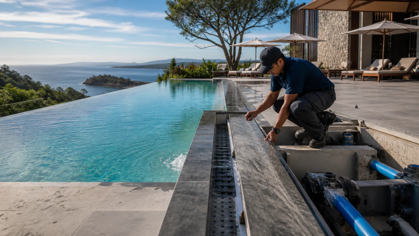 Piscina com borda infinita em hotéis: projeto, hidráulica e operação