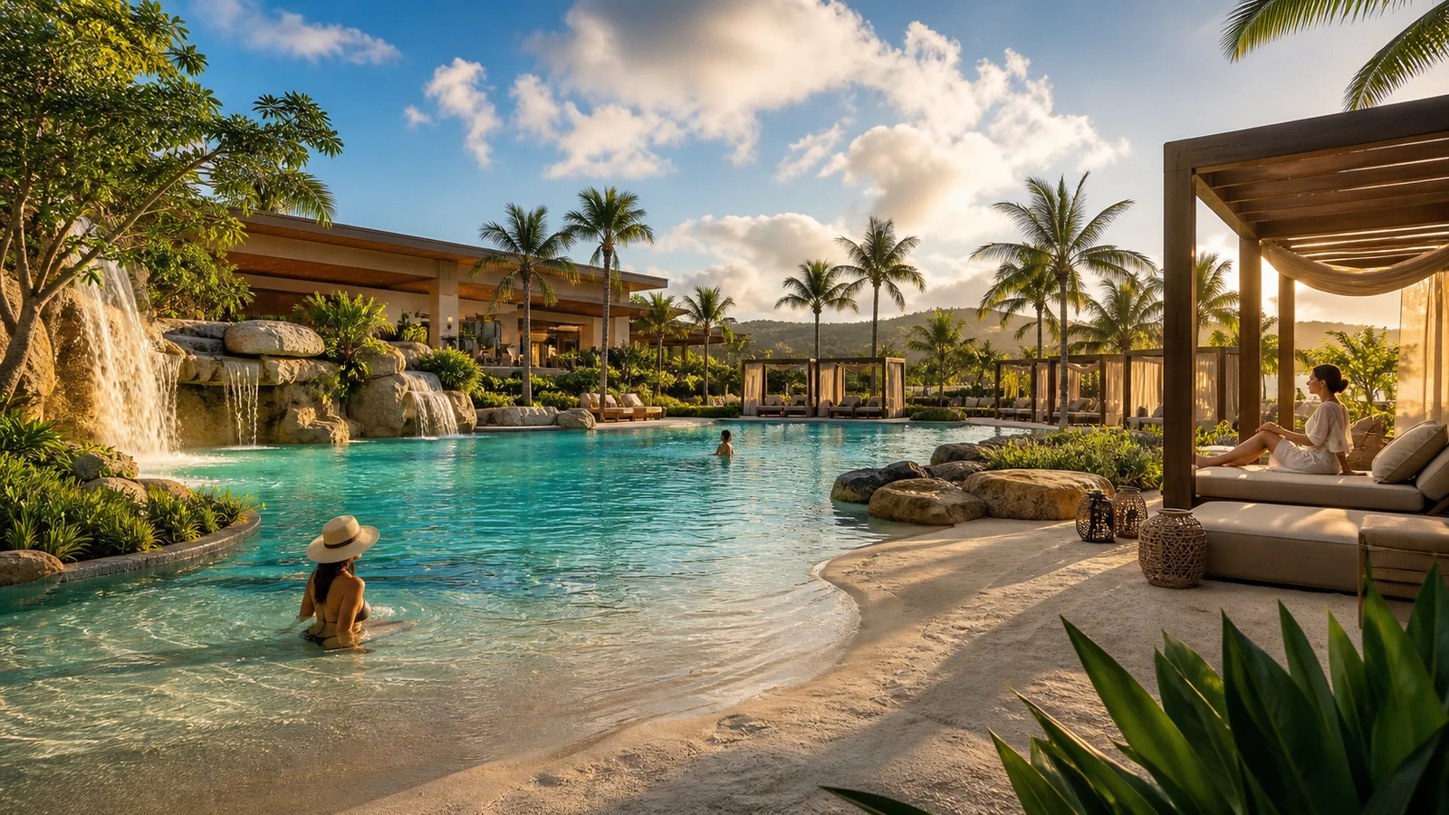 Experiência aquática em resorts: piscinas, praias artificiais, cascatas e áreas de wellness