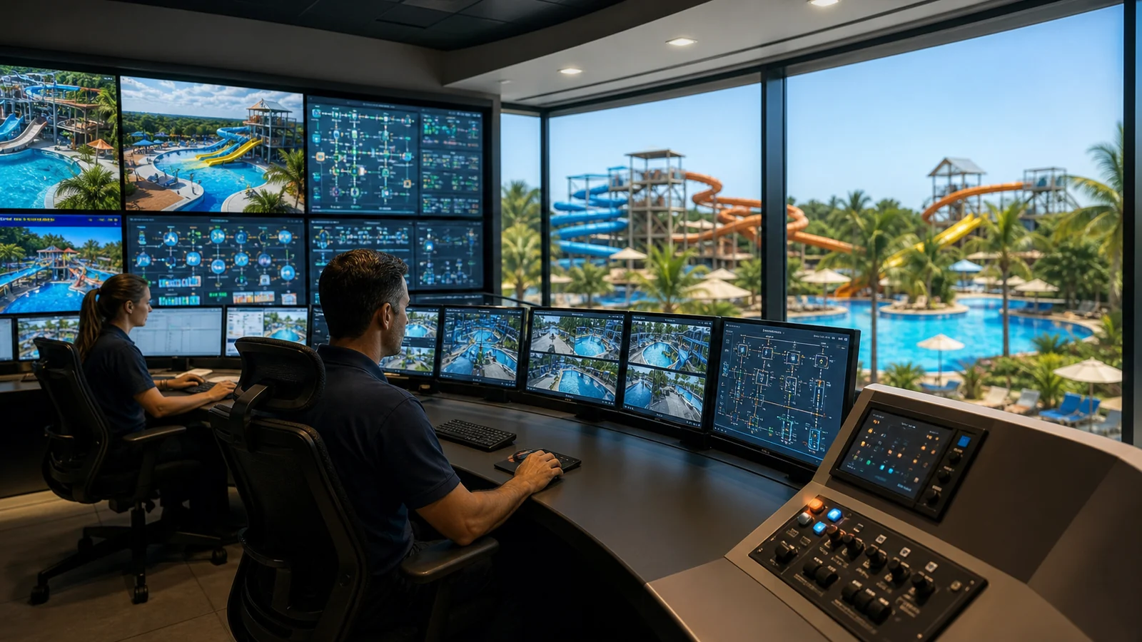 Automação em parques aquáticos: monitoramento de bombas, filtros, níveis e qualidade da água
